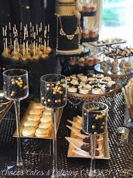 Table Black And Gold 50th Birthday Party Decorations Black Gold Dessert Bar Https Www Facebook Com Chacescakes Black And Gold Party Decorations Gatsby Birthday Party Black Gold Party