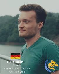 Meet Your Chair: Hailing from Germany, Felix Knapp has participated avidly  in MUN conferences across the globe. Having received honourable mentions  and outstanding delegate awards in conferences like Asia International  Model United