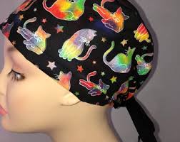 Colorful Neon Cats Surgical Scrub Hat for Nurse, Doctor, Veterinarian,  Great for Longer Hair, 100% Cotton, Elastic and Tie Back