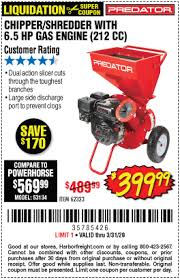 Predator 6 5 Hp 212cc Chipper Shredder For 399 99 Harbor Freight Tools Chippers Shredder