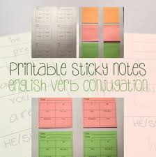 Printable Post Its Sticky Notes English Verb Conjugation Chart