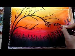 Black And White Watercolor Painting Tutorial Painting Tree With Birds In Sunset Acrylic Painting Youtube Sunrise Painting Tree Painting Painting