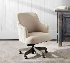 34.25 inches deep x 33.00 inches wide x 34.50 inches high seat dimensions: Reeves Upholstered Swivel Desk Chair Gray Wash Frame Linen Blend Oatmeal Pottery Barn