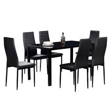 Need a flexible payment option? 7 Piece Dining Table Set 6 Chairs Black Glass Metal Kitchen Room Furniture Dining Sets Home Garden Worldenergy Ae