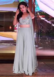 Ridhima Pandit In Kalki Grey Crop Top And Palazzo Set With Net Embroidered Jacket Indian Fashion Dresses Diwali Dresses Diwali Outfits