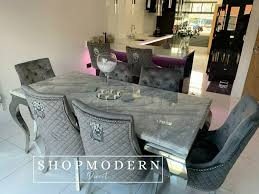 Dining chairs don't just have to look good, but should feel good, too. Laveda 180cm Light Grey Marble Dining Table Quilted Knocker Lion Chairs
