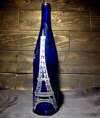 Blue Recycled Wine Bottle Vase Etched Engraved Eiffel Tower Paris Inlay Silver French Cafe Painted Glass Bottles Glass Bottles Art Glass Bottle Crafts