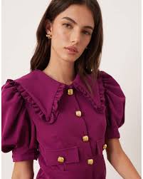 Sister Jane Puff Sleeve Button Front Shirt Mini Dress in Purple