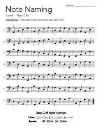 The treble and bass staves are joined together by a perpendicular line and bracket called a brace. Note Naming Worksheet Bass Clef Level 1 By Eric S Musical Shoppe