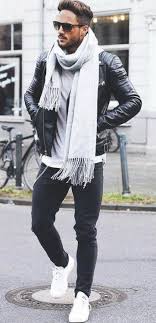 Black And White Party Outfits For Guys Magic Fox With A Minimal Fall Combo Idea With A Gray Scarf Black Leather Jacket Gray Shirt Black Sk Winter Outfits Men Mens Winter Fashion Mens Street Style