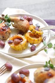 Sheet Pan Chicken Drumsticks With Delicata And Grapes Chicken Drumsticks Pan Chicken Recipes