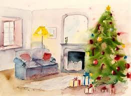 Acuarela Original De Sala De Estar Con Arbol De Navidad Chimenea Y Sofa Pintura Original Del Interior De La Casa C Painting Original Paintings Christmas Tree