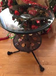 Custom Pedestal Table Made From An Old Steering Wheel A Flywheel And What Looks Like Shifter Arms Pic 1 Car Furniture Reclaimed Projects Trash To Treasure