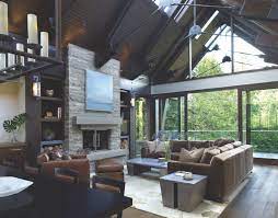Great Room Steel Rods Overhead Are A Modern Reinterpretation Of A Timber Frame Str Floor To Ceiling Windows Contemporary Living Room Design Pallet House Plans