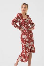 (then cut on the fold so it's 4x. Liena Square Neck Long Sleeve Midi Dress In Red Floral Clothing From Little Mistress Uk