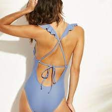 Women S Ruffle Neck Scoop Back One Piece Swimsuit Xhilaration Dusty Blue M Target One Piece Swimsuit Swimsuits One Piece Swimsuit
