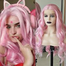 Rongduoyi Light Pink Long Hair Body Wave Synthetic Wig Natural Hairline Fiber Lace Front Wigs Makeup