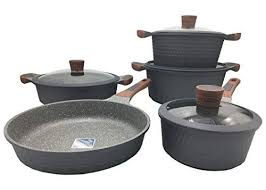 waltmann batterie de cuisine 9 pieces gris en facon pierre en fonte alu revetement 3 couches anti adhesif sans pfoa compa batterie de cuisine cuisine couvercle