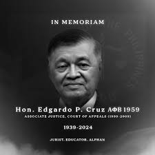 The Alpha Phi Beta Fraternity mourns the passing of Brod HON. EDGARDO P.  CRUZ AΦB 1959, whose life was marked by excellence in the legal profession,  academia, and public service. A proud