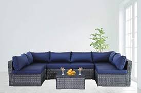 New Patio Furniture Garden Grey Pe Rattan Sofa 7pcs Navy Blue Cushion Outdoor Co 7pcs Blue Cushion Furniture Outdoor Couch Navy Blue Cushions Rattan Sofa