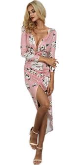 Ninimour Womens Floral Print Deep V Ruched Slit Bodycon