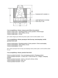 Panjang pondasi=10 meter lebar atas pondasi= 25 cm lebar bawah= 50 cm ketinggian pondasi =60 cm volume pondasi per meter= (0,25+0,5)/2x0,6x1=0,225 m3 jika panjang total pondasi adalah 10 meter, maka kebutuhan totalnya adalah: Cara Menghitung Volume Urugan Pasir Dibawah Pondasi