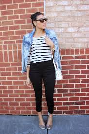 Womens Black And Blue Denim Jacket Women S Light Blue Denim Jacket White And Black Horizontal Striped Long Sleeve T Shirt Black Skinny Pants Silver Leather Ballerina Shoes Light Blue Jeans Outfit Striped Jacket Outfit Black Skinny Pants