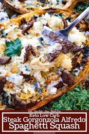 Keto Low Carb Steak Gorgonzola Alfredo Spaghetti Squash Three Olives Branch Recipe Spaghetti Squash Recipes Steak Gorgonzola Spaghetti Squash