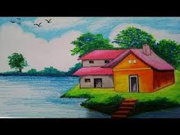 How to draw nature scenery of waterfall, sunset, and houses | easy sunset over waterfall hello friends, in this painting i have choose to paint a riverside scenery with a beautiful house sitting in. Pencil Drawing Beautiful House With Garden Drawing Images