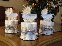 Neutral Baby Shower Centerpieces Baby Carriage Centerpieces Yellow And Gray Mini Diaper Cake Baby Shower Centerpieces Mini Diaper Cakes Baby Shower Decorations