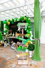 Jungle theme safari baby shower decorations with green balloon garland arch backdrop, tropical leaves decoration, ivy vines, banner sign, neutral birthday party supplies for. Safari Wild One Birthday Party On Kara S Party Ideas Karaspartyideas Com 3 Jungle Theme Birthday Party Wild Birthday Party Wild One Birthday Party