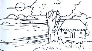 Black And White Painting Easy For Kids Easy Scenery For Kids How To Draw Scenery With Sketch Pen Flower Drawing Images Drawing Scenery Lotus Flower Drawing