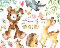 Schonen Sommertag Tiere Des Waldes Beschneiden Kunst Aquarell Streifenhornchen Reh Dachs Hirsche Animal Clipart Cute Animal Clipart Watercolor Animals