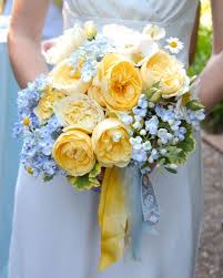 The work of the florist at a flower shop. Yellow Bouquet Flowers Blue And Green