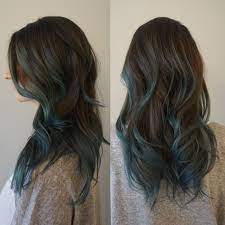 Dusty Blue Sombre Ombre Silver Steel Dimension Brunette Blonde Balayage Hair Highlights Long Portland H Hair Styles Teal Hair Hair Color Highlights
