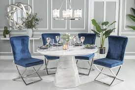 Marble 180cm dining table with 6 velvet chairs, gloss finish stunning design. Urban Deco Carrera 130cm White Marble Dining Table And 4 Lyon Blue Chairs Cfs Furniture Uk