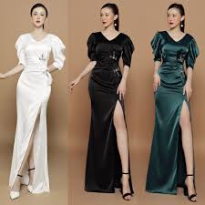 Đầm dạ hội dài tay phồng đính pha lê xẻ tà duyên dáng | Đầm dạ hội đẹp