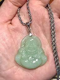 Laughing buddha, as we all know, brings good lu Mens Womens Luck Happy Light Green Jade Buddha Pendant Laughing Buddha Statue Silver Chain Necklace Pendant Pendant 22 Chain Amazon Com