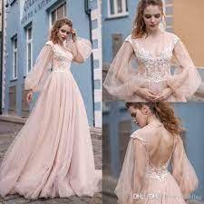 Beach Blush Pink Wedding Dresses Long Sleeves V Neck Lace Applique Bridal Gown Bridal Blush Pink Wedding Dress Wedding Dresses Blush Backless Wedding Dress
