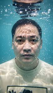 Prompt: Ultra-detailed hyper-realistic close-up portrait xact Like The  uploaded photo without Glasses, showing The while face submerged  underwater, both eyes in sharp focus, positioned in the middle of the  frame, light rays
