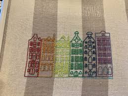 Simple patterns, such as strawberries or flowers, make beautiful tea towel patterns. Rainbow Row Houses Tea Towel Embroidery