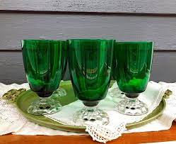 Fill your cart with color · make money when you sell · under $10 Set Of Six Vintage Footed Emerald Green Drinking Glasses Forest Green Goblets Footed Glassware Green Drinking Glasses Glassware Vintage Glassware