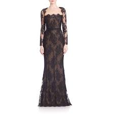 Marchesa Notte Embroidered Lace Illusion Neckline Gown 930 Liked On Polyvore Featuring D Black Lace Evening Gown Lace Overlay Dress Long Sleeve Black Gown
