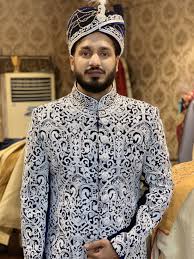 Thread Work With Pure Embroidery Embossed Indian Men Fashion Indian Groom Wear Mens Sherwani