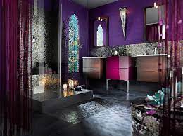 It includes a floating vanity adjacent to the french door that's paired with a frameless mirror lighted by wall sconces. 23 Amazing Purple Bathroom Ideas Photos Inspirations