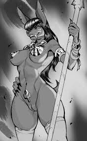1girls absurdres alanscampos anthro anubis black and white  breasts covered nipples egyptian mythology female furry hair mammal  mythology patreon reward spear stockings vagina 