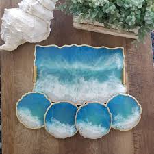 Beach glass coasters, sea shell conch starfish design, beach theme wedding coasters, coaster beach party favors (1 set incluses 2 coasters) weddingfavordiscount. Ocean Resin Tray And Coaster Set Diy Resin Art Resin Art Diy Resin Projects