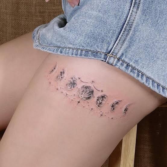 Moon phases tattoo on thigh | Waist tattoos, Cute little tattoos, Matching tattoo