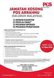 Permohonan adalah dipelawa daripada warganegara malaysia yang berumur tidak kurang daripada 18 tahun ke atas pada tarikh tutup iklan jawatan. Jawatan Kosong Kerajaan Dan Swasta Terkini Jawatan Kosong Pos Arrahnu Http Bit Ly 2akb14k 1 Kerani Kaunter 2 Penilai Emas 3 Pegawai Operasi 4 Pegawai Pematuhan Facebook