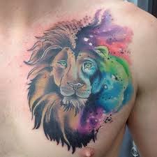 Wonderful Watercolor Lion Tattoo On Chest Watercolor Lion Tattoo Watercolor Animal Tattoo Lion Chest Tattoo